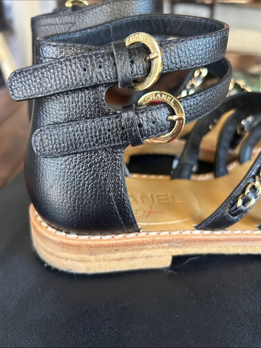 CHANEL Black Leather Chain-Strap Multi-Band Sandals